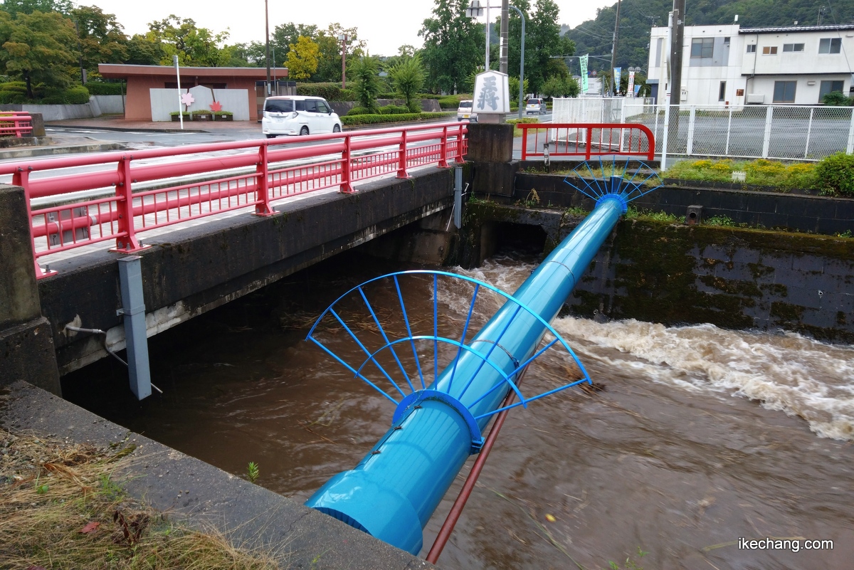 写真：天童市役所前の王将橋から見た濁流の倉津川