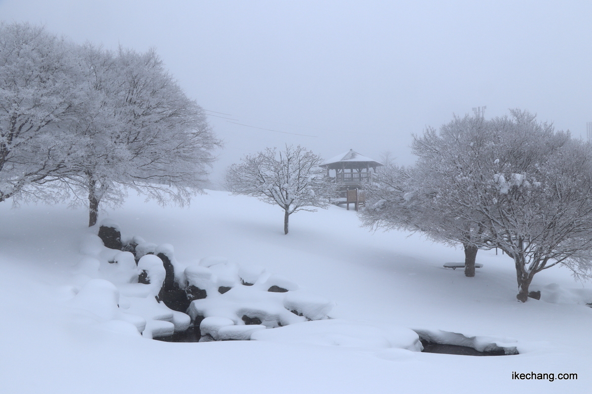 写真：雪に覆われた天童高原キャンプ場の遊びの広場