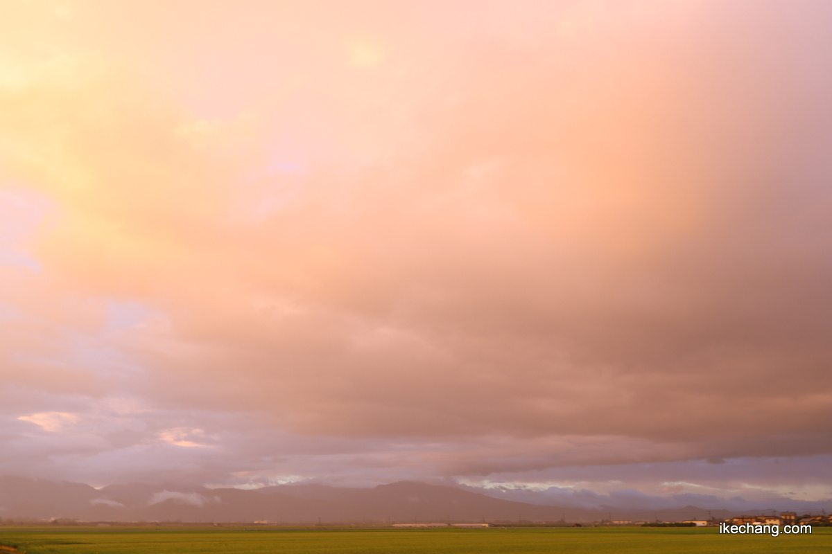 写真：朝焼けでうすいピンク色に染まる空
